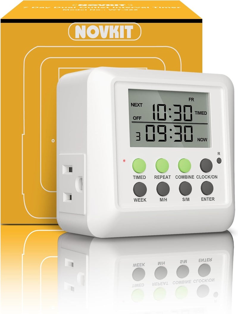NOKMIT 3-in-1 Dual Outlet Timer Plug with Interval Cycle for Indoor, 7 Day 24 Hour Programmable Digital Repeat Timer Switch(15A, 1875W) - Image 1